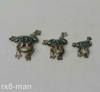 2009 Stunning Solid Sterling Silver & Enamel Saturno Set Of Three Small Frogs