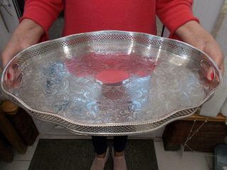 Large Silver Plate Serpentine Tray Waved Effect Gallery On Stud Feet Feet