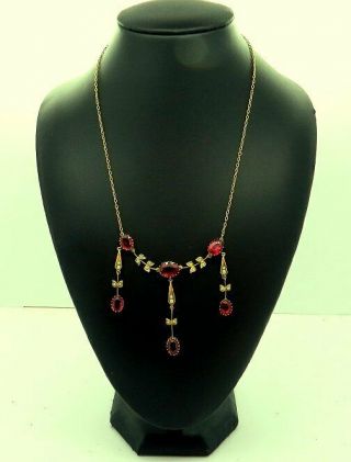 Exquisite Antique 9ct Gold Pendant Necklace With Seed Pearls And Red Stones