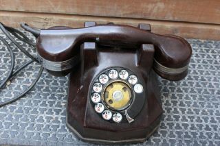 Vintage 1937 Rotary Phone Bakelite Brown Chrome Ring Rotary Telephone