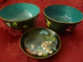 2 Chinese Cloisonné Bowls And 1 Small Plate: Plum Blossom Motif On Black Enamel