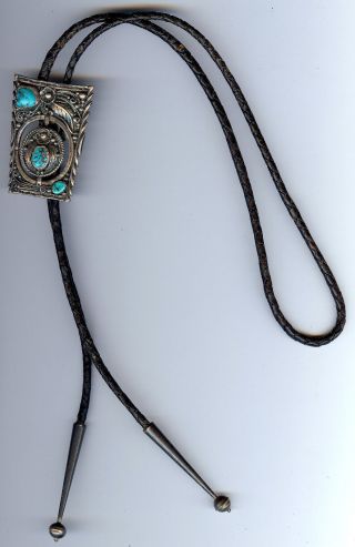 Handsome Vintage Navajo Indian Silver Turquoise & Coral Spinner Bolo Tie