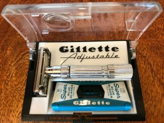 Vintage Nos Gillette 1959 " Fatboy " Adjustable Razor,  E2 With Orig Case Blades