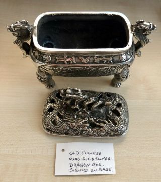 Silver Looking White Metal Antique Chinese Miao Dragon Box,  Signed On The Base