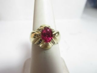 Estate Unusual 14k Dome Ring With Pink 1.  00 Ct Natural Tourmaline And Diamonds