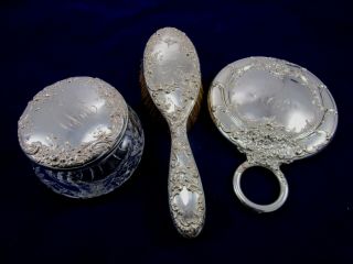 Antique Gorham Sterling Silver Repousse Brush Mirror Powder Jar Vanity Set