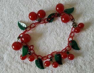 Vintage Bakelite Red Cherries Leaves Bracelet Rare