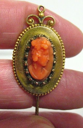 Victorian 14k Gold Oversized Coral Cameo Stick Pin 4.  4 Grams