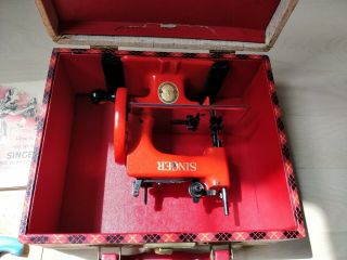 RARE 1953 RED Singer Sewhandy Model 20 Sewing Machine with Case,  Book,  Needles 2