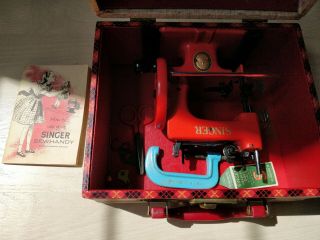 RARE 1953 RED Singer Sewhandy Model 20 Sewing Machine with Case,  Book,  Needles 3