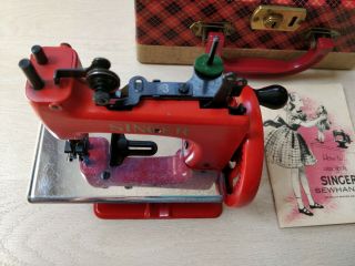 RARE 1953 RED Singer Sewhandy Model 20 Sewing Machine with Case,  Book,  Needles 5