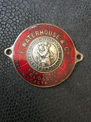 Vintage St Christopher Car Dash Badge Plaque F.  Waterhouse Glossop Castrol Oil