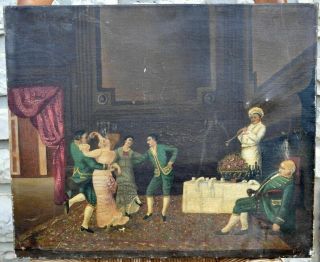 Antique Oil Painting On Canvas " Baroque Scene " 1800 Circa
