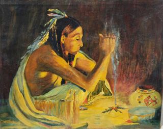Antique Native - American Indian man starting Fire unsigned 2