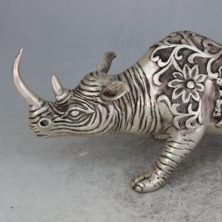Chinese Fengshui Tibet Silver Beast Kirin Kylin The rhino Rhinoceros Statue 5