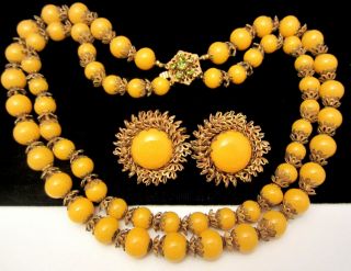 Vintage Signed Miriam Haskell Butterscotch Glass Bead 16 " Necklace & Earring Set