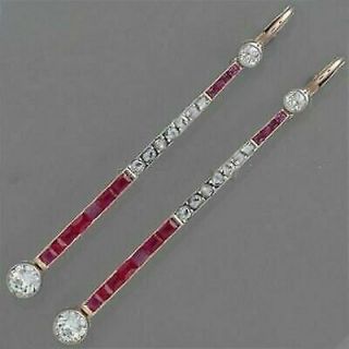 Rare Vintage 2.  4 Ct Diamond Sapphire 14K Gold Over Art Deco Drop Dangle Earrings 2