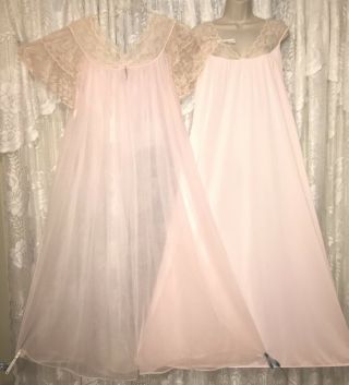 Vtg Deena Pink Peignoir Sheer Chiffon Robe Nylon Nightgown Gown Ivory Lace Xxl T