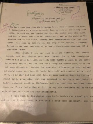Stephen King - Manuscript - Lunch At The Gotham Cafe Rare Item