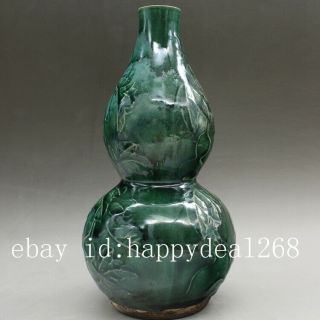 Chinese old hand - carved porcelain green glaze calabash form vase d01 2