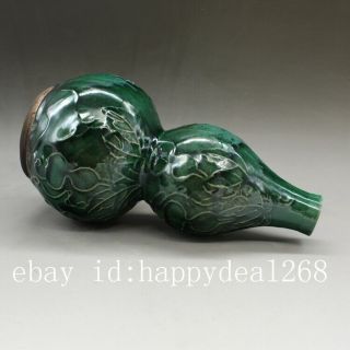 Chinese old hand - carved porcelain green glaze calabash form vase d01 4