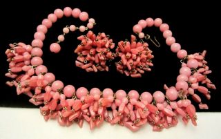 Rare Vintage Miriam Haskell Pink Glass Bead 16 " Necklace & 1 - 1/2 " Earring Set A1