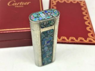 Rare Auth Cartier 3 - Sides Opal Inlay Mosaic Limited Wave - Pattern Lighter Silver