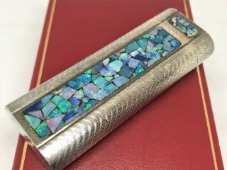 Rare Auth CARTIER 3 - Sides Opal Inlay Mosaic Limited Wave - Pattern Lighter Silver 3