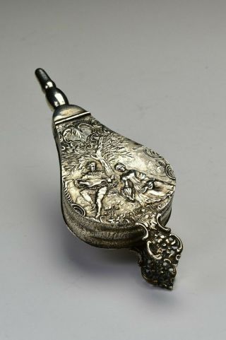 18th Century German Solid Silver Fire Bellows Form Snuff Box W/ Repousse Scenes