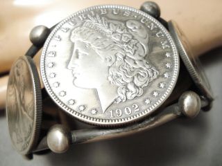 Huge Old Coin Vintage Navajo Sterling Silver Native American Bracelet