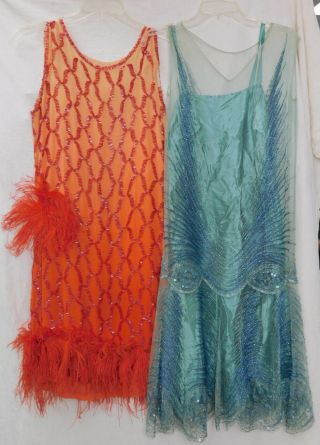 1920s Antique Beaded Sequin Silk Flapper Dress Evening Gown Red Blue