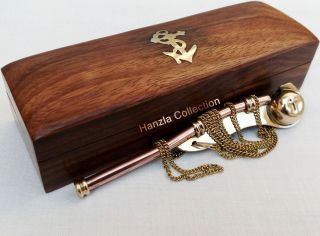 Nautical Maritime Brass/copper Boatswain Whistle Bosun Call Pipe With Wood Box