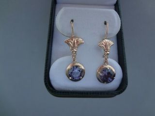 Lovely Vintage 14k Yellow Gold Bezel - Set Round Purple Gemstone Dangle Earrings