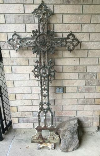 Antique French Cast Iron Cross Crucifix Jesus Cemetery Marker Architectural Tall