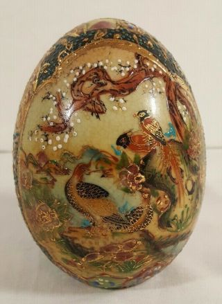 Antique Royal Satsuma Hand Painted Porcelain Egg Japanese Birds 4 1/2 "