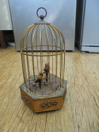 Vintage Clockwork Automaton Gilt Brass Bird Cage With Two Birds.  For Restoration