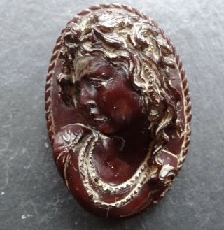 Antique Early Bakelite Cherry Red High Relief Cameo Lady Flower Brooch Cpin C374