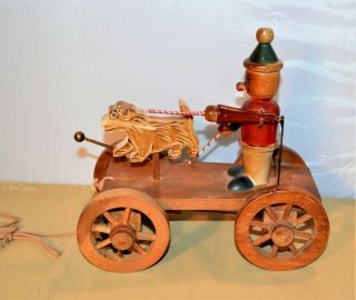 Vintage Wooden Pull Toy Clown On Fire Engine Ringing Bell Dog Wood Toys 1983
