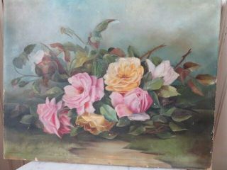Omg Old Antique Rose Oil Painting Pink Yellow Roses On Canvas