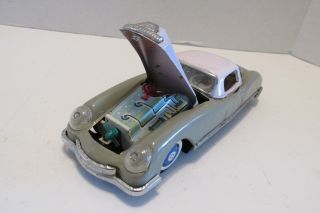 Vintage TIN TOY CAR Sedan Friction Movement Hood Opens Fan Turns Made in China 2