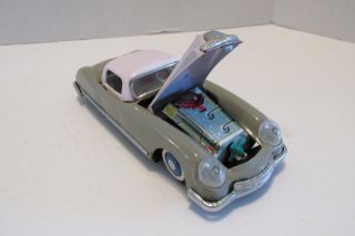 Vintage TIN TOY CAR Sedan Friction Movement Hood Opens Fan Turns Made in China 3