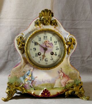 Antique French Porcelain Mantle Clock Case And Parts Ormalu Brass Decor