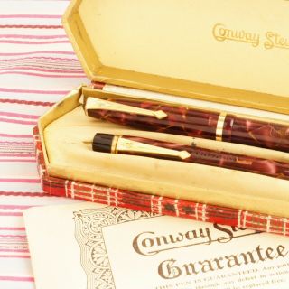 Vintage Conway Stewart 12 Red Gold - Vein Marble Fountain Pen Pencil Box - Set Paper