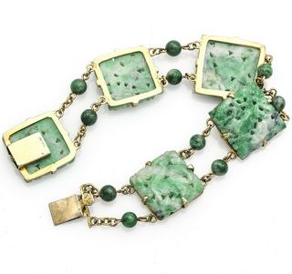 Vintage Gold Plated Sterling Silver Carved Green Jade Animal Bracelet 20.  9 Grams 4