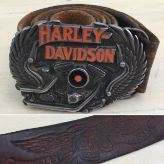 Harley Davidson - Vtg Brown Leather Skull Belt & Motorcycle Engine Buckle,  32 - 36