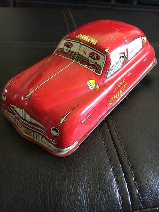 Vintage Courtland Fire Chief Tin Wind - Up Car Tin Litho