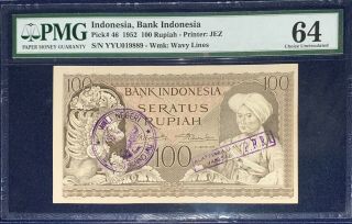 Indonesia Banknote,  100 Rupiah 1952 Choice Uncirculated Pmg 64 With Stamp Rare
