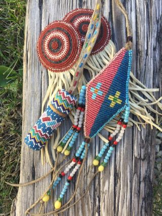 Antique 1800’s Kiowa Southern Plains Beaded Items Hair Ties,  Umbilical Bag,  Case