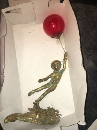 Malcolm Moran Signed Bronze Sculpture Boy Holding Big Red Balloon 1960 - 1970.