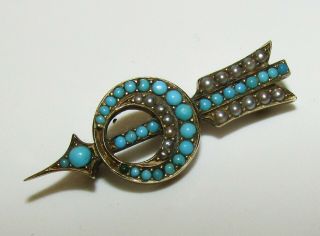 Charming,  Antique Georgian 9 Ct Gold Arrow Brooch With Turquoise & Split Pearls